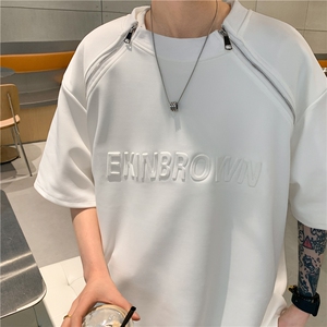 港风双则金属拉链钢印潮流短袖T恤男DT77788P45控59：供抖音视频图片