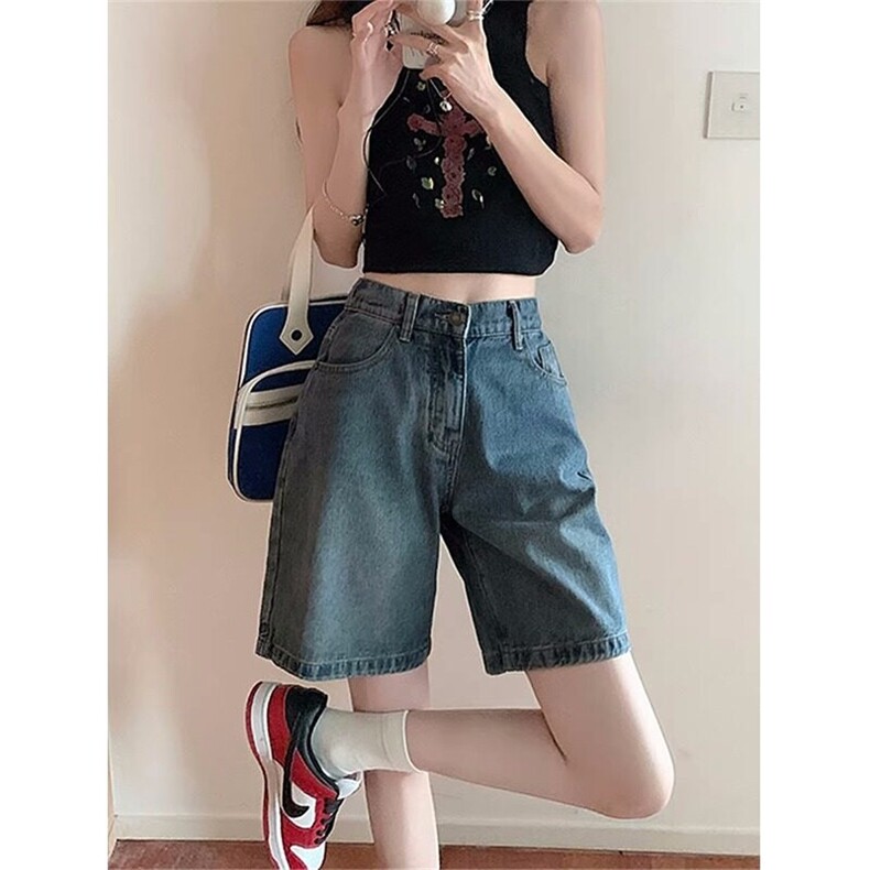 阔腿牛仔短裤女学生夏季新款高腰大码胖MM宽松直筒小个子五分中裤图片