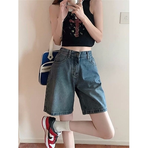 阔腿牛仔短裤女学生夏季新款高腰大码胖MM宽松直筒小个子五分中裤图片
