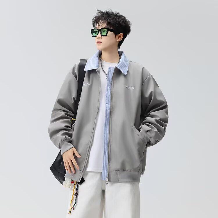 潮流美式复古格纹假两件夹克男春秋季新款潮牌宽松格子棒球服外套,男装夹克,星座1210-1