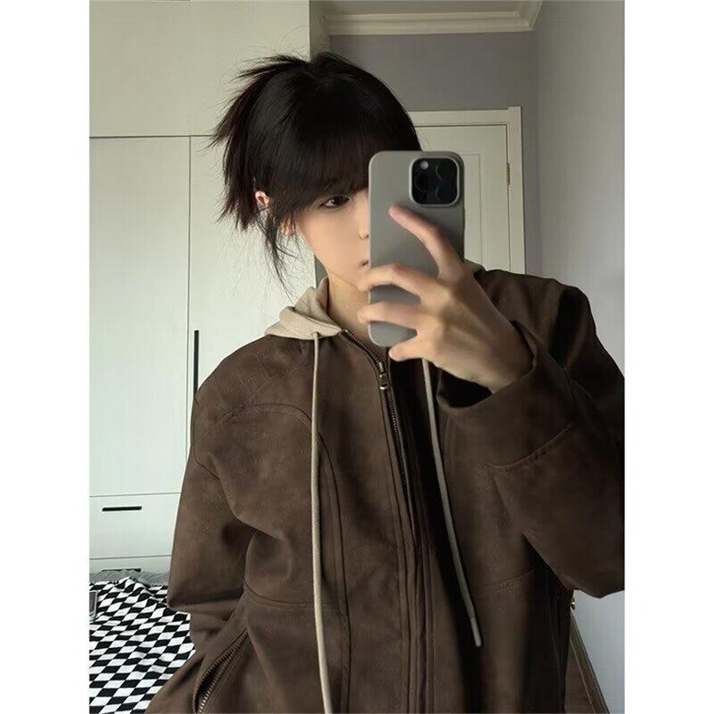 ins日系简约潮流新款美拉德棕色机车pu皮卫衣外套男慵懒无品牌图片