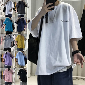 T06常年款男士休闲字母印花T恤衫外套圆领半袖五分袖TEE男女中性图片