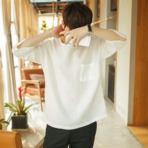 夏季新品棉麻五分袖大圆领休闲男衣1807~Q01~P28，男装T恤，星座1807