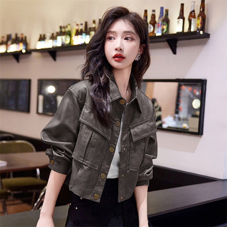春装现货】美拉德网红风格皮衣小个子减龄外套2024年春季,女装皮衣,韩蜜菓
