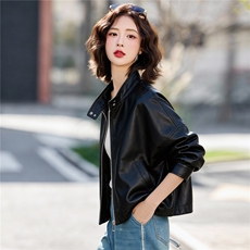 2026春季新款现货小个子洋气立领浅色皮衣短外套百搭宽松夹克，女装短外套，英标秀（1C119）