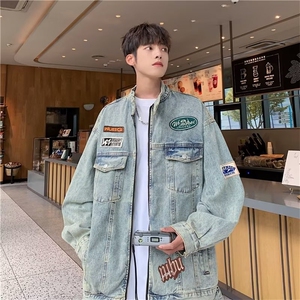 美式复古牛仔外套男女水洗做旧工装夹克vintage立领机车服 JK1215图片