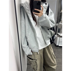美式灰色连帽开衫卫衣男女2025新款秋冬复古宽松休闲运动拉链外套图片