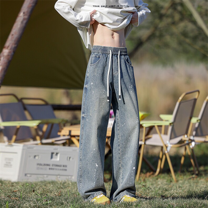 蓝色泼墨牛仔裤男春秋季日系复古宽松休闲水洗做旧痞帅直筒长裤子，男装牛仔裤，星座601-1