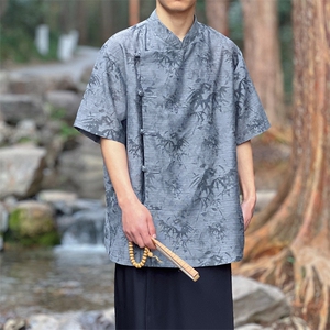 风新中式2026男士大码棉麻竹叶印染立领盘扣衬衫CS35-P65-控88图片