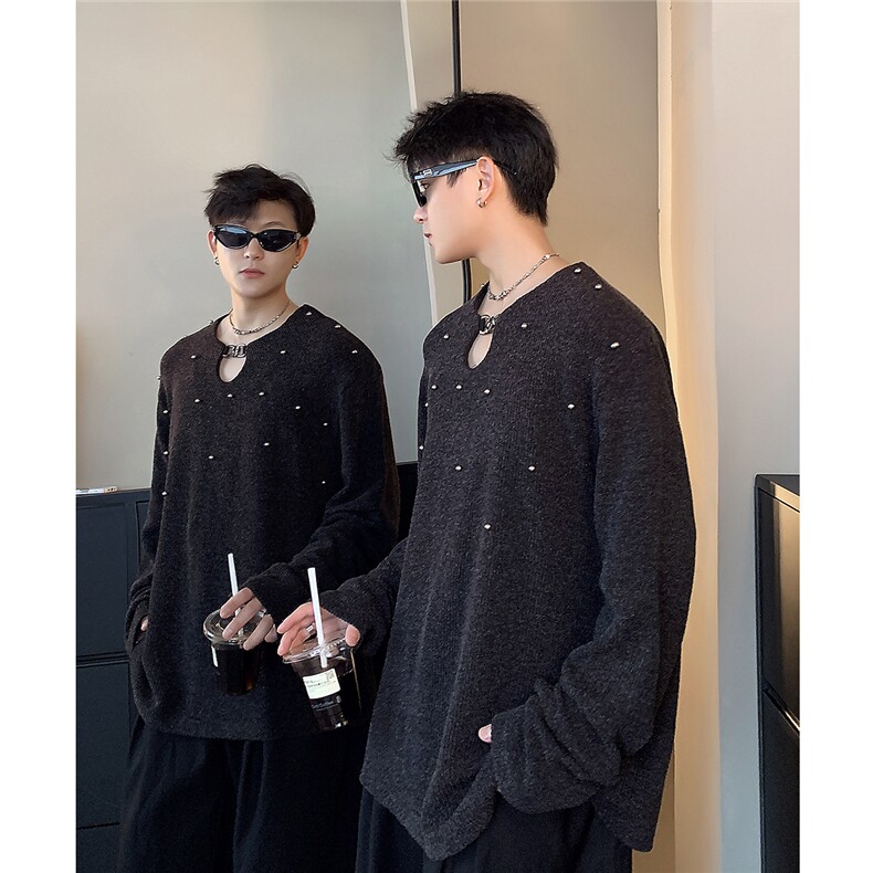 秋季禁欲锁链套头针织衫打底男手工钉珠毛衣M62-48,男装针织衫/毛衣,电商C307