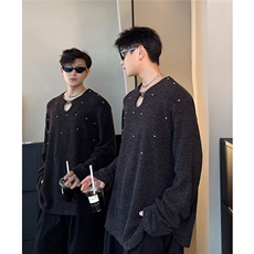 秋季禁欲锁链套头针织衫打底男手工钉珠毛衣M62-48，男装针织衫/毛衣，电商C307