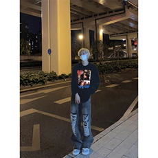 美式复古说唱歌手印花长袖T恤小领口打底衫，男装T恤，星座310A-4