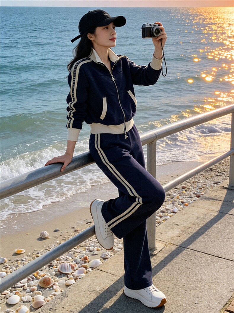 休闲运动套装女装春季新款蓝色短款外套上衣阔腿裤两件套洋气减龄,女装套装/套裙,江南