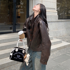 复古美式皮衣外套2025秋季新款女设计感小众宽松休闲百搭夹克上衣，女装短外套，2C170