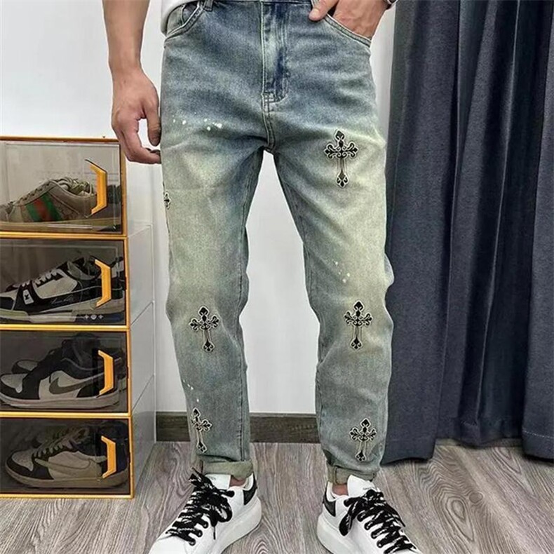 新款宽松直筒牛仔裤男士复古刺绣潮流休闲裤百搭长裤AM1107P50,男装牛仔裤,星座1013-5