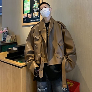 美式复古棕色短款皮衣外套男春秋季高级感痞帅设计感小众机车夹克图片