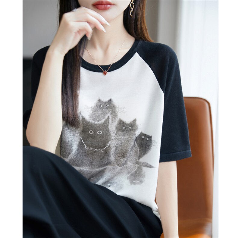 夏季拼色冰丝针织短袖t恤女2025新款爆款高级设计感小个子薄上衣,女装T恤,源达羊绒