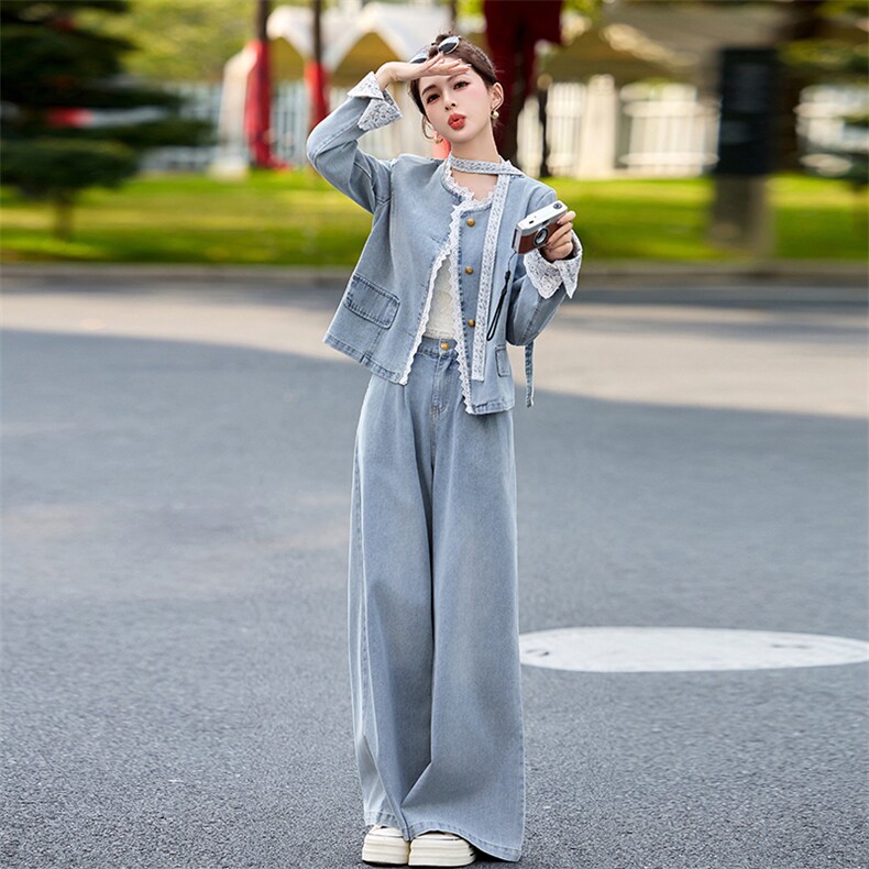 蕾丝拼接牛仔阔腿裤套装女春秋2025新款两件套独特绝美超火高级感,女装套装/套裙,2B115