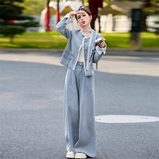蕾丝拼接牛仔阔腿裤套装女春秋2025新款两件套独特绝美超火高级感，女装套装/套裙，2B115