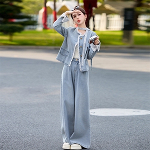 蕾丝拼接牛仔阔腿裤套装女春秋2025新款两件套独特绝美超火高级感图片
