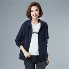 女士拉链纯棉上衣2021春秋季新款连帽纯色抽绳全棉通勤短款外套，女装短外套，伊满意