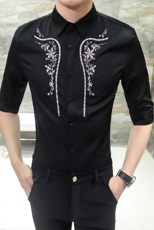 18夏男韩版修身衬衫发型师七分袖工作服刺绣个性中袖衬衫S03-P55，男装衬衫，星座419（原A233）