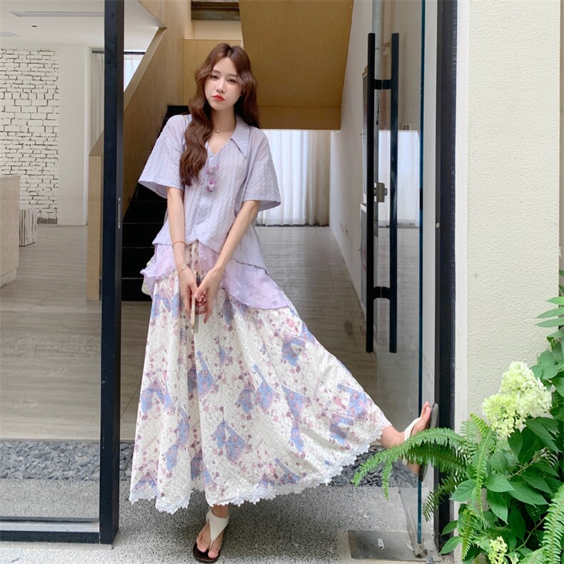 紫色衬衫碎花半身裙套装女夏2025新款流行超火爆款两件套巨好看，女装套装/套裙，2C117