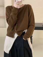 金属小扣圆领羊绒开衫女秋冬款百搭纯色长袖毛衣针织羊毛外套上衣，女装羊毛衫，恩泰羊绒