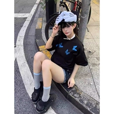 黑色蝴蝶印花t恤男夏季新款美式高街纯棉短袖情侣休闲百搭五分袖，男装T恤，星座506A