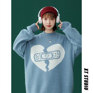 中性 秋冬新款爱心宽松圆领软糯毛衣男女针织衫潮 A125-A008-P70,男装针织衫/毛衣,电商A125