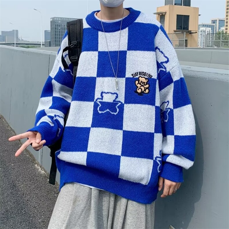 秋冬款港风潮牌休闲百搭线衣ins圆领套头宽松格子毛衣男 M747-P40图片