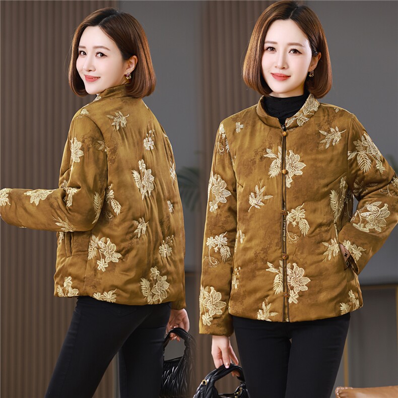 现货重工绣花亮片夹棉新中式洋气羽绒棉复古保暖棉衣女式冬季外套，女装棉衣/棉服，木橙西子