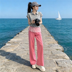 慵懒风时尚洋气套装女夏季新款蕾丝拼接短袖上衣阔腿裤两件套显瘦，女装套装/套裙，江南