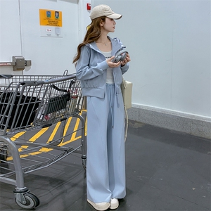 蓝色超好看连帽卫衣套装女2025秋新款小个子休闲运动阔腿裤两件套图片
