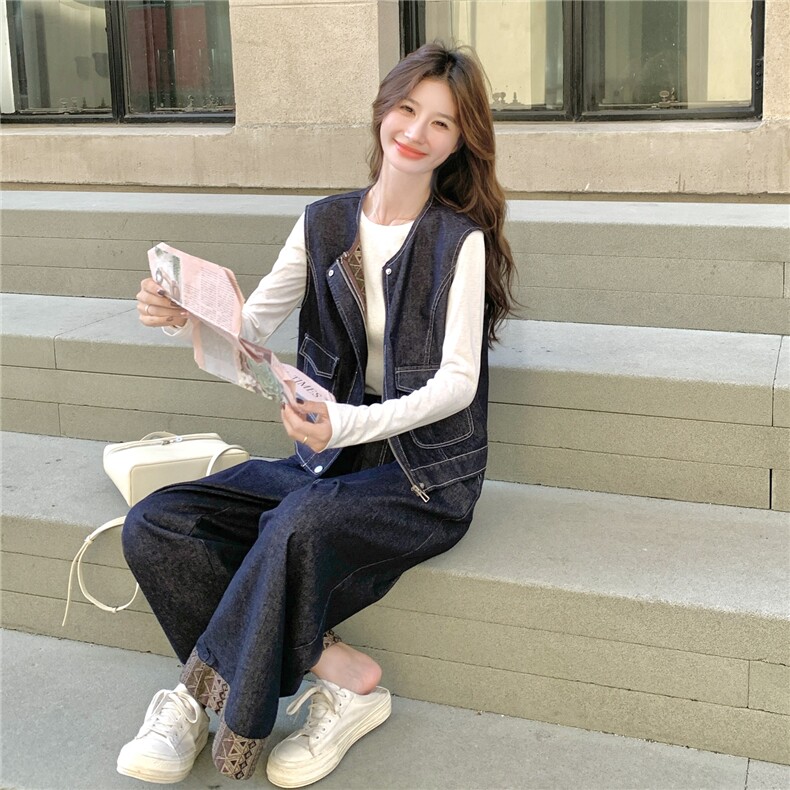 韩系休闲松弛感套装女2025秋季新款高级感仿牛仔马甲阔腿裤两件套,女装套装/套裙,2C113
