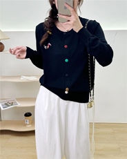 彩色刺绣小马花扣开衫圆领长袖2024年秋季，女装羊毛衫，百纯羊绒