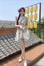 新中式风印花盘扣飞飞袖小个子连衣裙女2C276-L3499-P105-K155，女装连衣裙，2C276