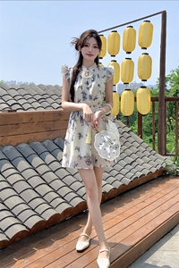 新中式风印花盘扣飞飞袖小个子连衣裙女2C276-L3499-P105-K155图片