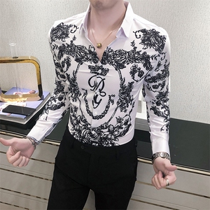 2021春秋男衬衫英伦长袖上衣印花男装韩版修身四季潮流衬衣H861-P55图片