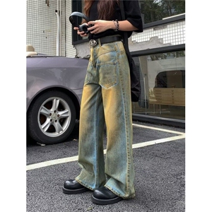 美式毛边牛仔裤女夏高街直筒宽松显瘦阔腿垂感拖地裤潮RK2628-P56图片