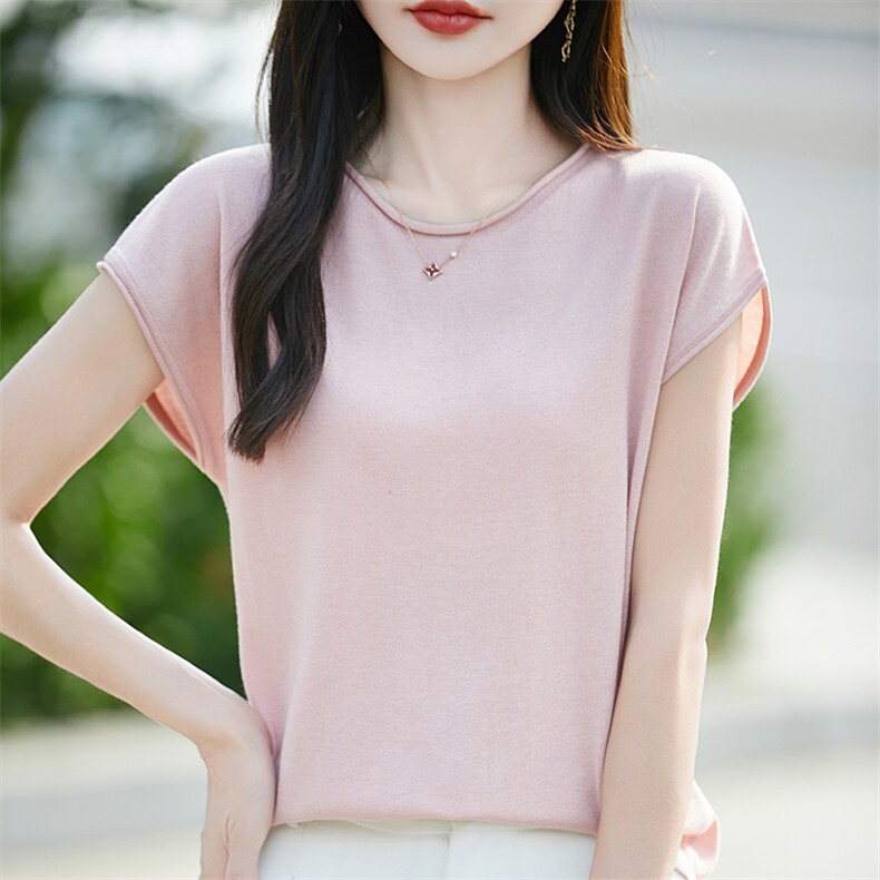 高级感简约圆领针织小飞袖T恤女2025新款宽松显瘦百搭短袖t恤上衣,针织衫/毛衣,羿纯羊绒