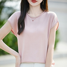 高级感简约圆领针织小飞袖T恤女2025新款宽松显瘦百搭短袖t恤上衣，女装针织衫/毛衣，羿纯羊绒