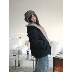 现货高品质美式高街冬季重磅硬挺短款座山雕毛领棉衣男女加厚外套图片