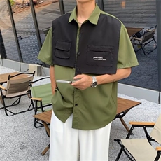 设计感拼接短袖衬衫男夏季日系Cityboy宽松休闲翻领工装衬衣外套，男装衬衫，星座1013