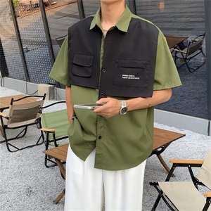 设计感拼接短袖衬衫男夏季日系Cityboy宽松休闲翻领工装衬衣外套图片