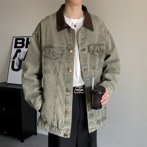 美式牛仔外套男款春秋季痞帅翻领工装夹克水洗做旧牛仔衣 JK033图片