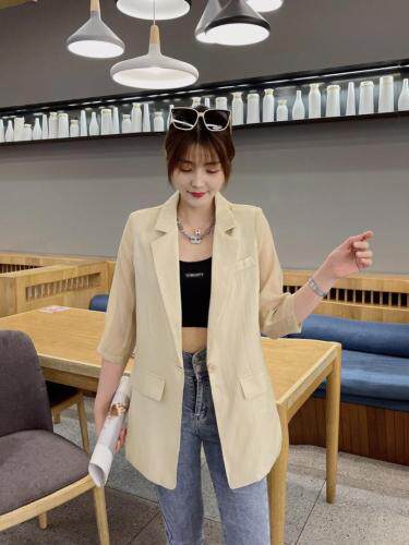 现货夏季新款字母图案袖子褶皱薄西服，女装，韩衫衣社