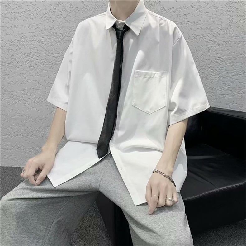 无领带夏季薄款短袖衬衫男港风宽松班服DK学院风衬衣C2002/P25，男装T恤，电商D202-1