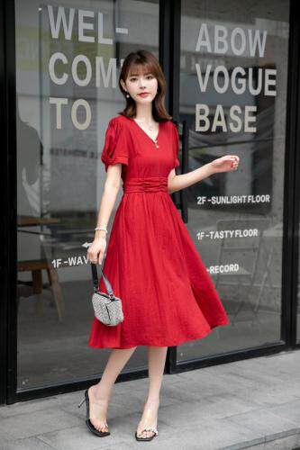 夏季新款人鱼尾气质开叉红色连衣裙，女装连衣裙，水锦红