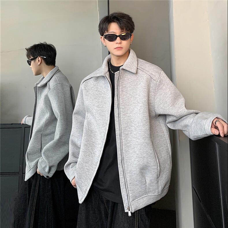 花灰色短款外套男翻领开衫卫衣美式廓形正肩夹克男JK707-P78,男装夹克,电商C307